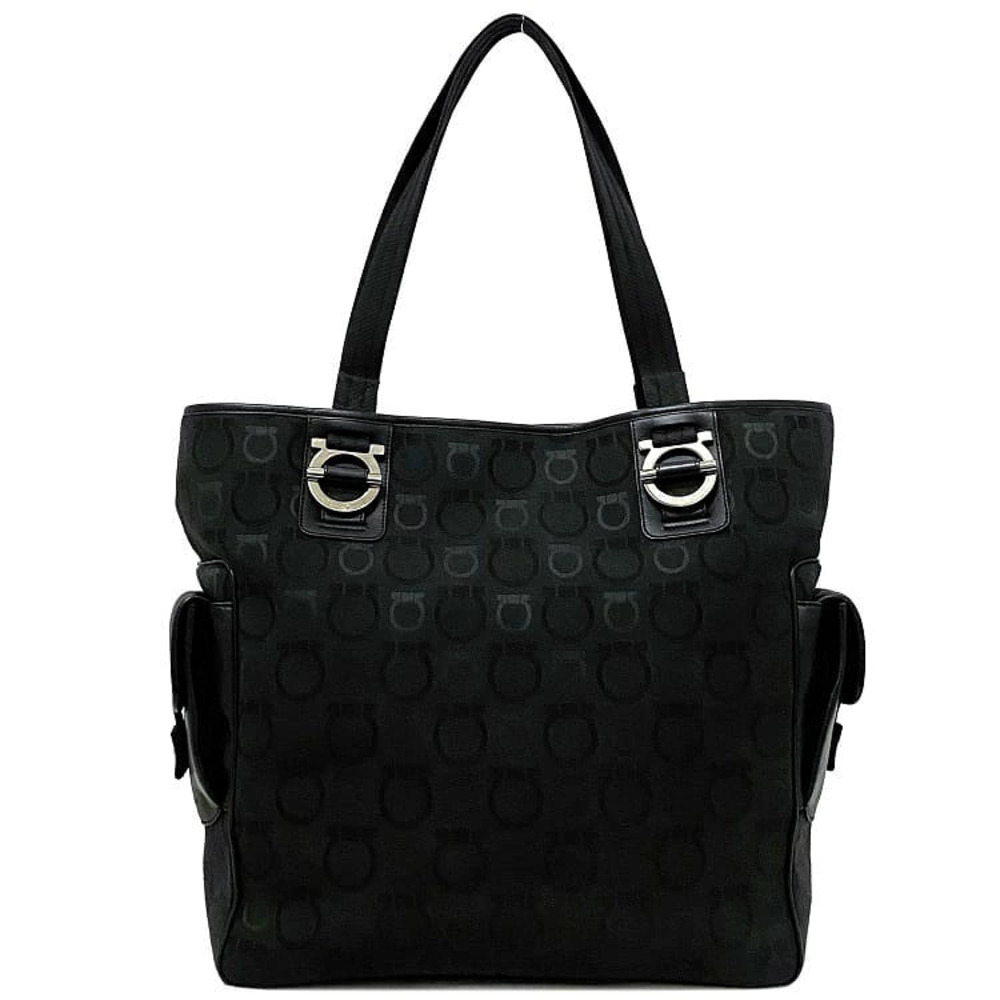 Salvatore Ferragamo Tote Bag Gancini Canvas Leather Over Black